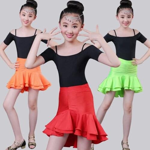 Hot Sale Cheap Girls Dew Shoulder atin Dance Dresses Child Kid Performance tango salsa Latin Skirt Suit Practice Dress