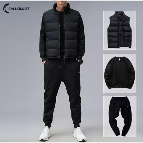 Men Winter Set Parka Vest Outfit Sweatshirt Sweatpants Solid Male Tracksuit 2021 Fashion Three-piece Suit Oversized 4XL 3XL