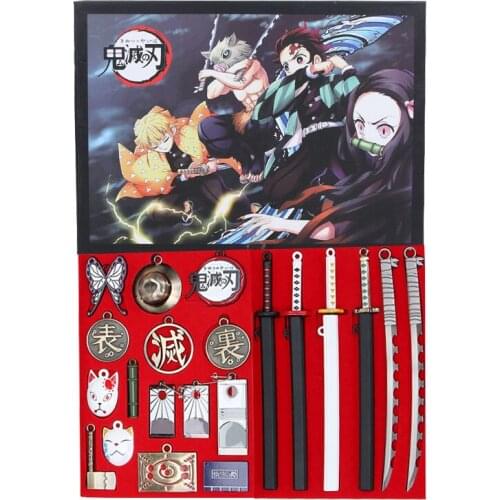 Demon Slayer Keychain Set Kimetsu No Yaiba Cosplay Sword Necklace Mask Zenitsu Tanjirou Nezuko Tsuyuri Kanao Christmas Toys