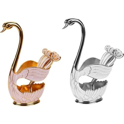 New Dinnerware Set,Zinc Alloy Fruit Cake Fork Coffee Tea Spoon Swan Holder Cutlery Set 1XSwan Holder+ 6XSpoons