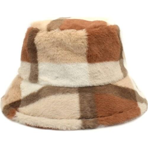 FUODRAO New Winter Bucket Hat Women Faux Fur Hat Fashion Warm Basin Cap Girl Outdoor Fisherman Cap M183
