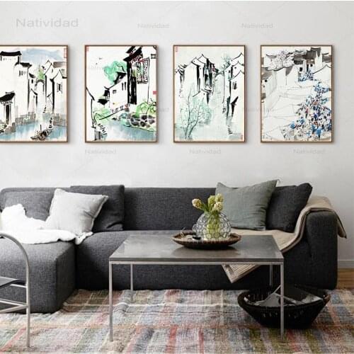 New Chinese Watercolor Landscape Posters Wall Art Home Decor Retro Scenery Prints Canvas Art Painting Vintage for Living Room
