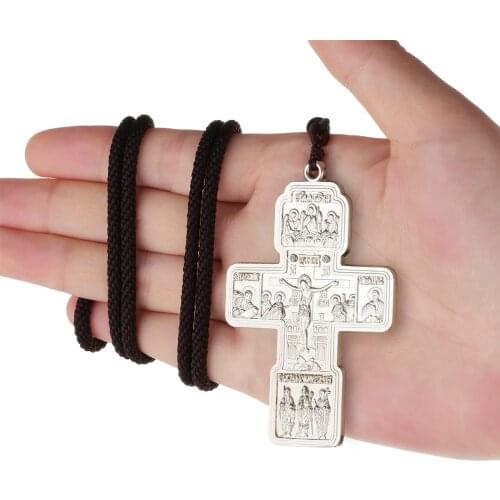 Russian Eastern Orthodox Pectoral Cross Necklace Crucifix Jesus Rope Chain Necklace Baptism Prayer Jewelry Gift for Men Women