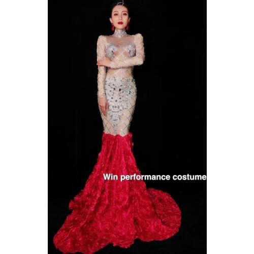 Sparkly Rhinestones Nude Dress Sexy Full Stones Long Big Tail Dress Costume Prom Birthday Celebrate Dresses