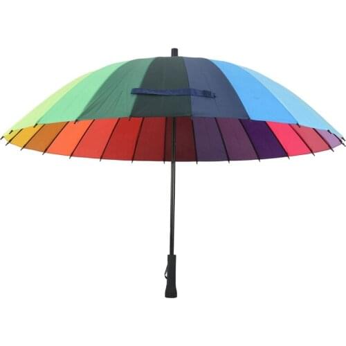 Practical 24K Rib Color Rainbow Fashion Long Handle Straight Anti-Uv Sun/Rain Stick Umbrella Manual Big Parasol