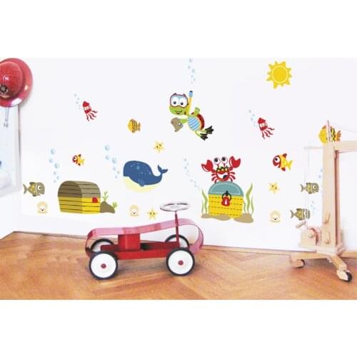 Seabed Fish Treasure box Wall Sticker Cartoon Wall Sticker For Kids Rooms Bathroom Home Decor Nursery quarto Decals Poster