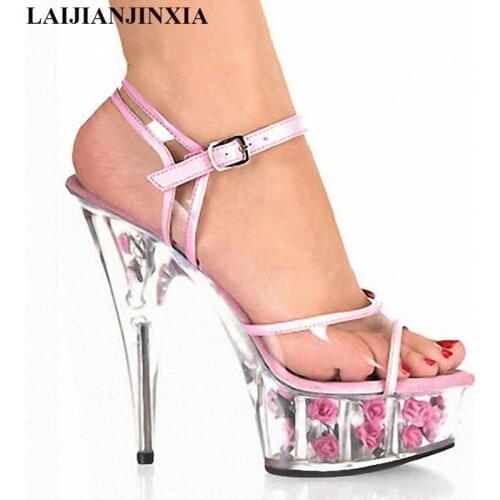 New rose soles 15CM high heel sandals, nightclub pole dancing shoes, transparent vamp model high heel female dancing shoes