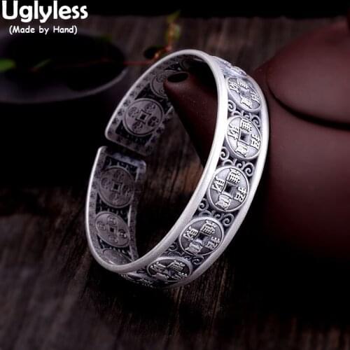 Uglyless Ancient China Coins Bangles for Women 100% 999 Pure Silver 15MM Wide Bangles China Cultural Ethnic Thai Silver Jewelry