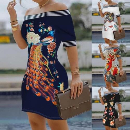 Vintage Floral Printed Dress Summer Short Dress Off Shoulder Skin-friendly Polyester Bodycon Midi Party Cocktail Dress for Prom