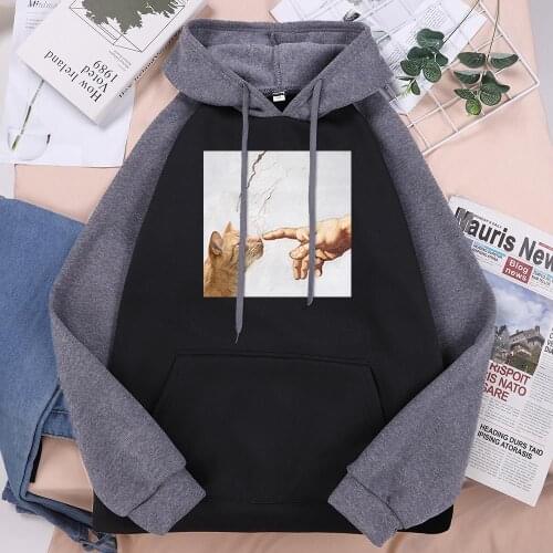 Lovely Cat And Hands Funny Printing Woman Hooded 2021 Spring Raglan Hoodie Harajuku Fleece Hoodies Comfort Simple Women Hoody