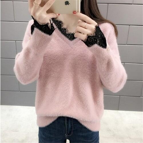 2020 Autumn Winter Mink Fur Fluffy Sweater Women 4 Color Ladies Jumper Loose Thick Warm V-Neck Pull Femme Knitted Sweater Female