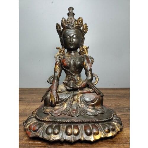 12"Tibet Buddhism Old Bronze Cinnabar Lacquer Immortal Life Wisdom Tathagata Longevity Sitting Buddha Enshrine the Buddha