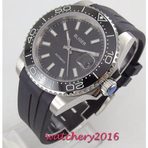 39mm Bliger Black Dial Sapphire Glass Rotating Ceramic Bezel Luminous marks Rubber Steel mens Watch Automatic Movement Watch