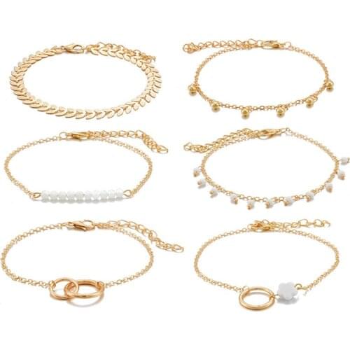 Bohemian Gemstone Beads Bracelet Alloy Chians Leaf Pendant Bracelets 6-piece Set Women Accessories Adjustable Jewelry Gift