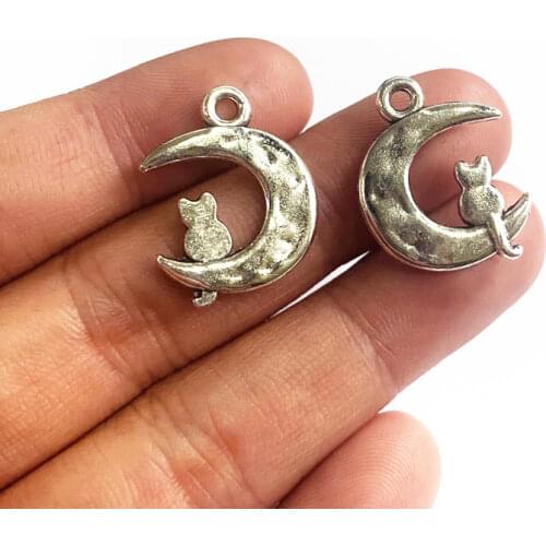 8pcs Charms Moon Cat 23x18mm Antique Silver Color Pendants Making DIY Handmade Tibetan Silver Color Jewelry Craft