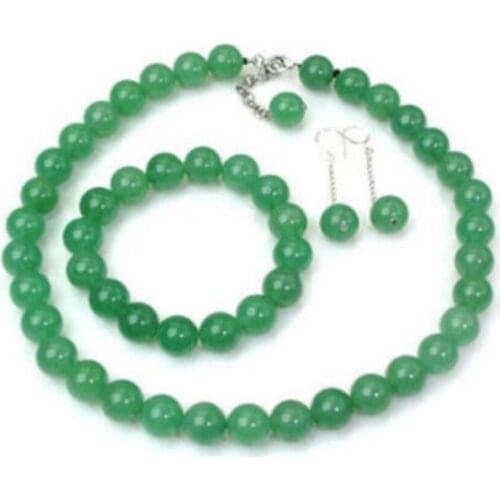 Free Shipping Pretty 8mm green jade gemstone bead necklace bracelet earring Sets 18" 7.5" AAA