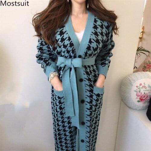 Women Winter Houndstooth Knitted Long Cardigan Korean Vintage Loose Lace Up V-neck Sweater Fashion Ladies Cardigans With Pockets