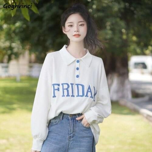 Long Sleeve T-shirts Women New Loose Turn-down Collar Letter Tees Womens Spring Fall Fashion Chic Casual Tops Ladies Ins Chic