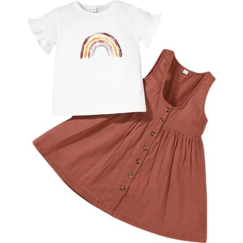 Baby & childrens 1-8Y Baby Girl Clothes Summer Girls Rainbow Print T-shirt Sleeveless Button Down Solid Color Dress