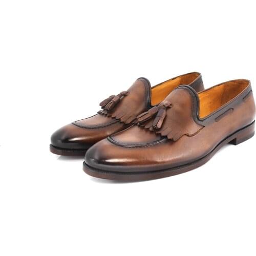SHENBINs Brown Patina Kiltie Loafers with Zebra Leather Sole, Shenbins Handmade Casual Shoes