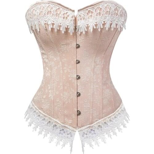 Corsets and Bustiers for Women Gothic Plus Size Cream Lace Trim Corselete Sexy Overbust Push Up Masquerade Carnival Fiesta Party