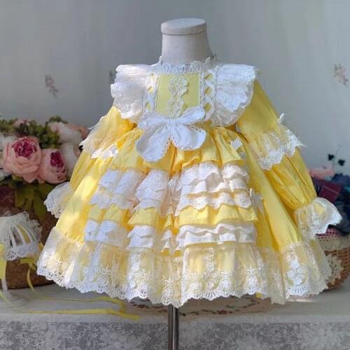 Spring Autumn Sweet Spanish Princess Lace Lolita Yellow Longsleeve Turkey Ball Gown Dress For Bady Girls Birthday Party Easter