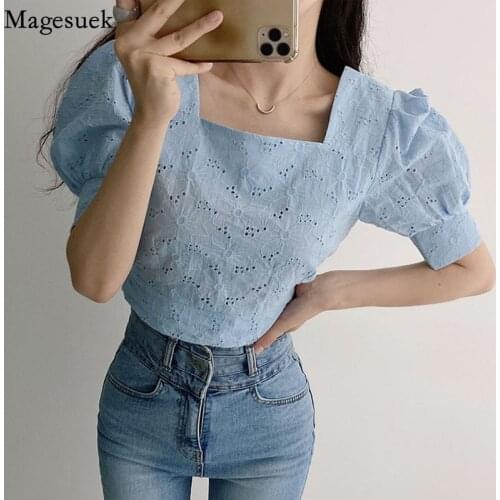 Summer Hollow Out Floral Solid Shirt Korean Fashion Square Neck Women Tops New Puff Short Sleeve Slim Short Blouse Women 14446