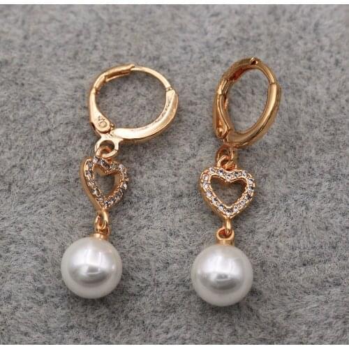 Trendy Gold Plated Copper Drop Heart Pearl Earrings White Zirconia For Women Fashion Jewelry Accessories Wedding Anniversary Gif