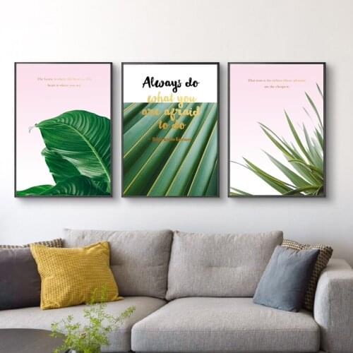 Nordic Pink and Green Plants Leaves Wall Art Canvas Paintings Be Proud Quotes Wall Art Prints and Posters Living Room Home Decor