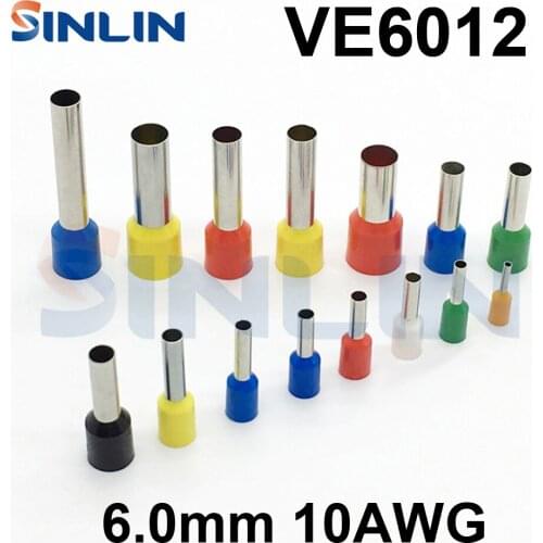 500pcs/lot Crimp Terminal VE6012 tube pre insulating terminal Bootlace Ferrules AWG10 6.0mm^2 Brass Lead length 12mm