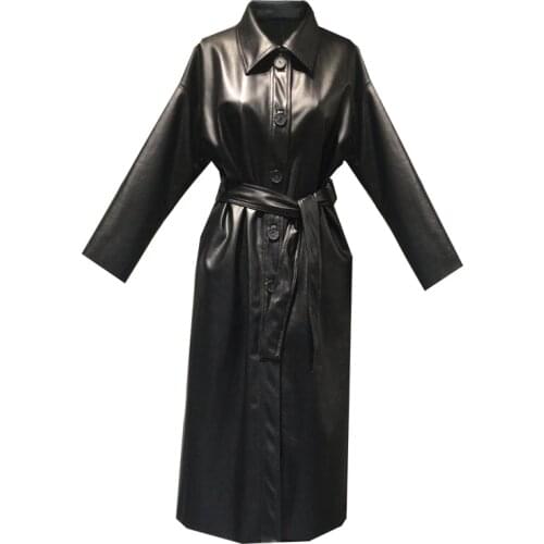 PERHAPS U Women Black Pu Leather Trench Windbreaker Outwear Coat Long Style Solid Sash C0198