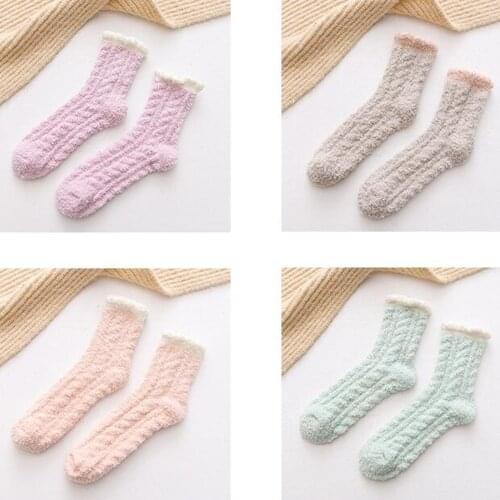 Candy Color Casual Slipper for Woolen Winter Thick Women Girls Socks Soft Velvet Lace Warm Socks Thermal Floor Socks Accessories