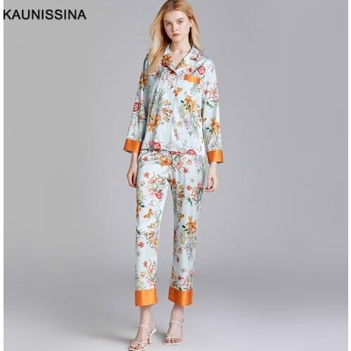 Silk Pajamas Sleepwear Set Ladies Long Sleeve Button Shirt Long Pants Two Piece Pajama Set Midnight Sleepwear Women Homewear