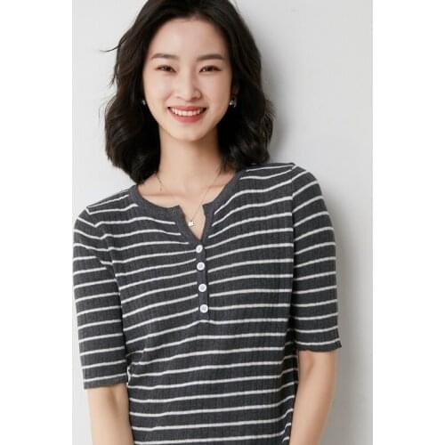 Spring and Autumn New Style Womens Knitted Half Sleeve Sweater V-neck Slim Style Wool Solid Color Stripe Pullover Free Shipping