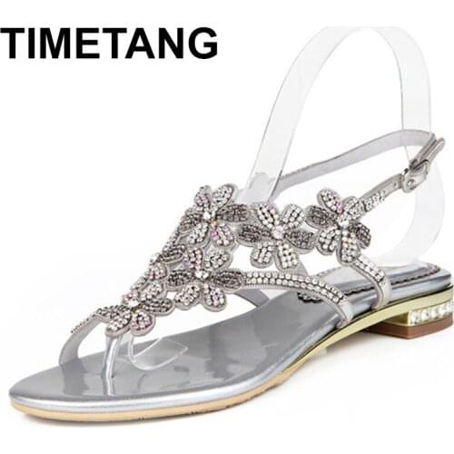 TIMETANG 2021New Summer Womens Bohemian Rhinestone Flowers Flip Flops Sandals Big Size Flat ShoesE1064