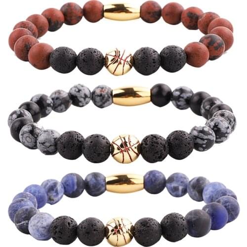 High Quality Natural Stone Baseball Bracelet Soccer Ball Charm Beaded Elastic Bracelet Jewelry Men