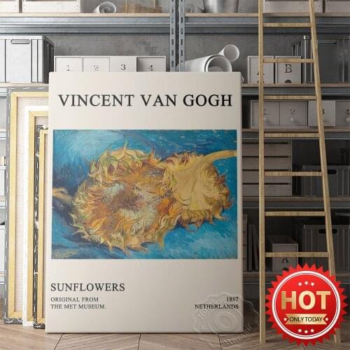 Vincent Van Gogh Exhibition Poster, Two Cut Sunflowers Oil Painting, Van Gogh Sunflowers Wall Art, Retro Flower Leaf Prints Art