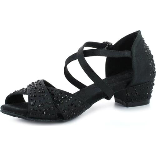 Evkoodance Professional Women Dance Shoes Black Satin Rhinestone Latin Shoes Girls Latin Salsa Ballroom Shoes for Dancing Party