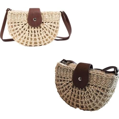 Women Summer Woven Straw Crossbody Bag with Adjustable Faux Leather Strap Imitation Rattan Bohemian Semicircle Clutch Shoulder H