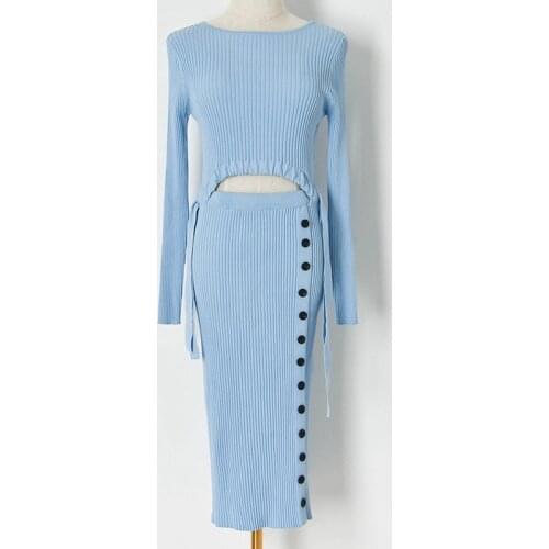 2021 Summer New Arrive Slim Knitted Women Midi Dress Open Navel Waist Buttons Split Lady Dress