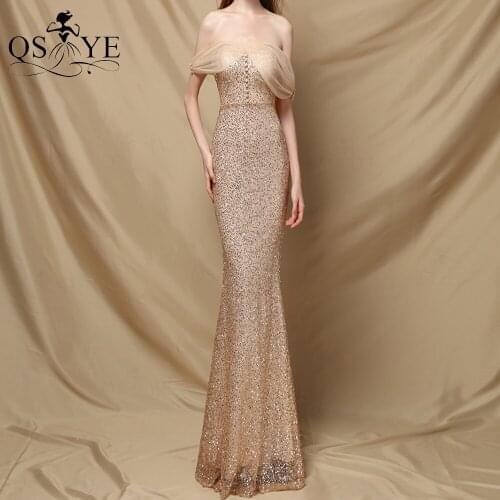 Off Shoulder Gold Prom Dress Side Sleeves Mermaid Evening Gown Buttons Sequin Formal Dress Pleat Nude Tulle Backless Party Gown