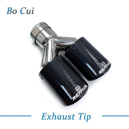 1 Pcs Glossy Carbon Fiber+Stainless steel Universal Exhaust Tip Double Muffler End Pipe With Remus Logo