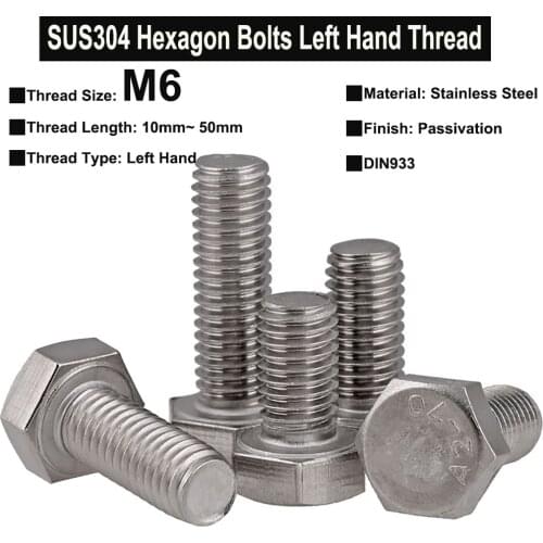 3Pcs M6 SUS304 Stainless Steel External Hexagon Head Bolt Screw Left Hand Thread DIN933 Thread Length 10mm~50mm