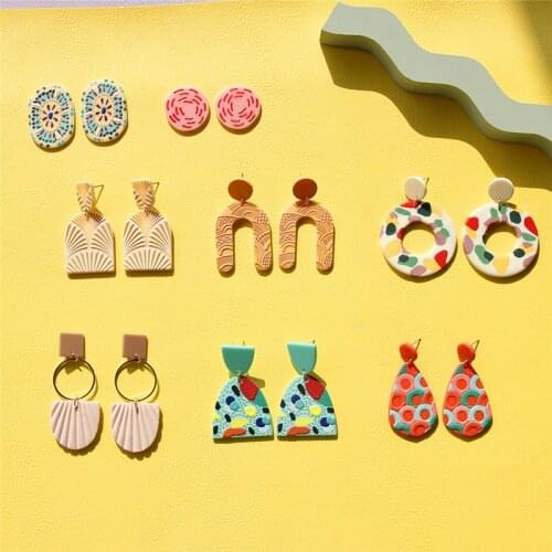 AOMU 2020 New Trendy Multicolor Acrylic Clay Geometric Irregular Splicing Round Marble Pattern Long Dangle Earrings Jewelry Gift