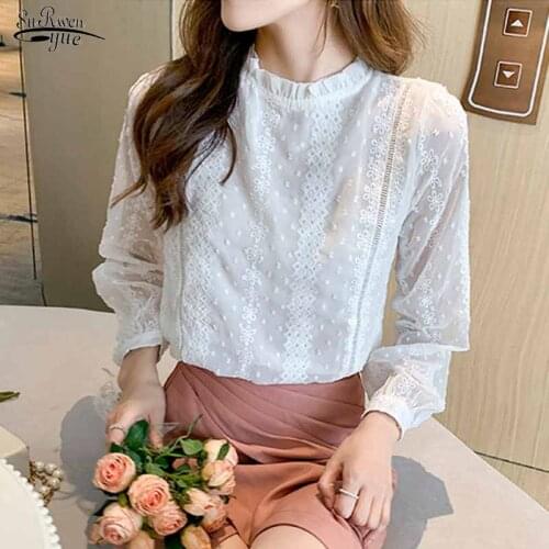 Stand Collar Long Sleeve White Shirt Sweet Embroidery Flower Lace Women Shirt Blouse Autumn Loose Casual Women Tops Blusas 16235