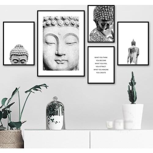 Black White Sakyamuni Buddha Statue Qoute Wall Art Canvas Painting Posters and Prints Wall Picture for Living Room Gallery Decor