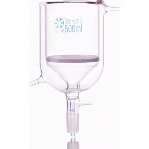 Double deck sand core filter funnel,500ml,Joint 24/29,Jacketed glass sand plate bush funnel with ground joint,Filtration funnel