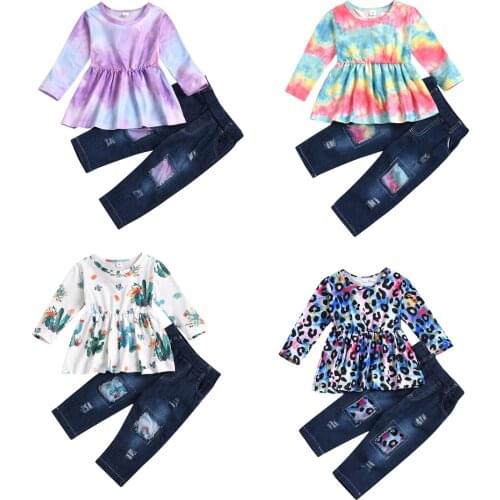 1-6Years Fall Autumn Spring Baby Girl Long Sleeve Leopard Print Top Denim Pants Clothes Outfits Child Girl Set