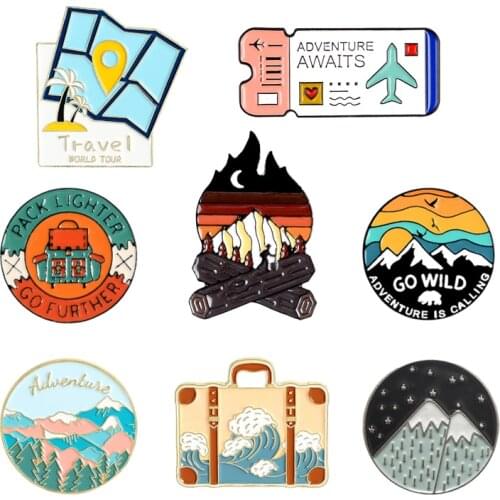 Camping explore enamel pin Bonfire backpack Cartoon Air ticket pins brooch scenery Lapel pin jewelry gift for Adventure lovers