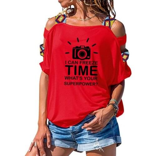 Photographer T Shirt Women t shirt Camera Freeze Time Cotton Short Sleeve Photography Girl Sexy Hollow Out Shoulder T-shirt Tee